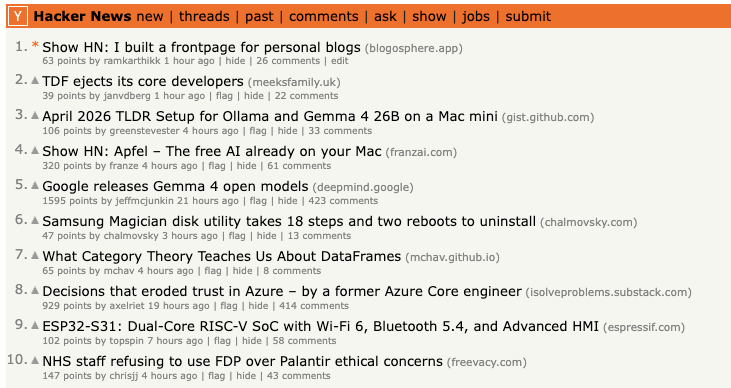 screenshot of blogosphere at #1 on HN